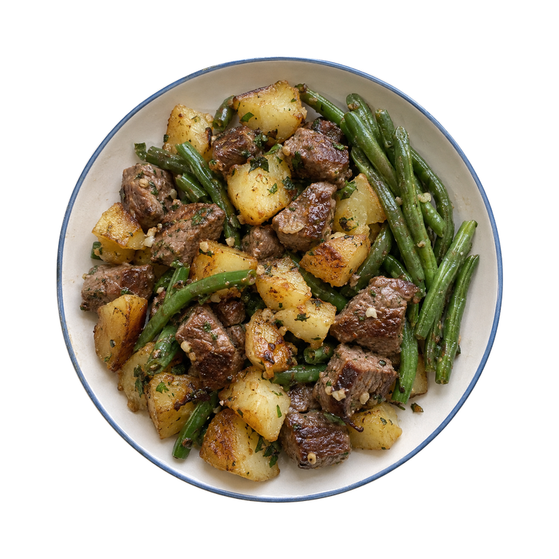 Garlic Butter Steak Bites with Sautéed Potatoes & Green Beans