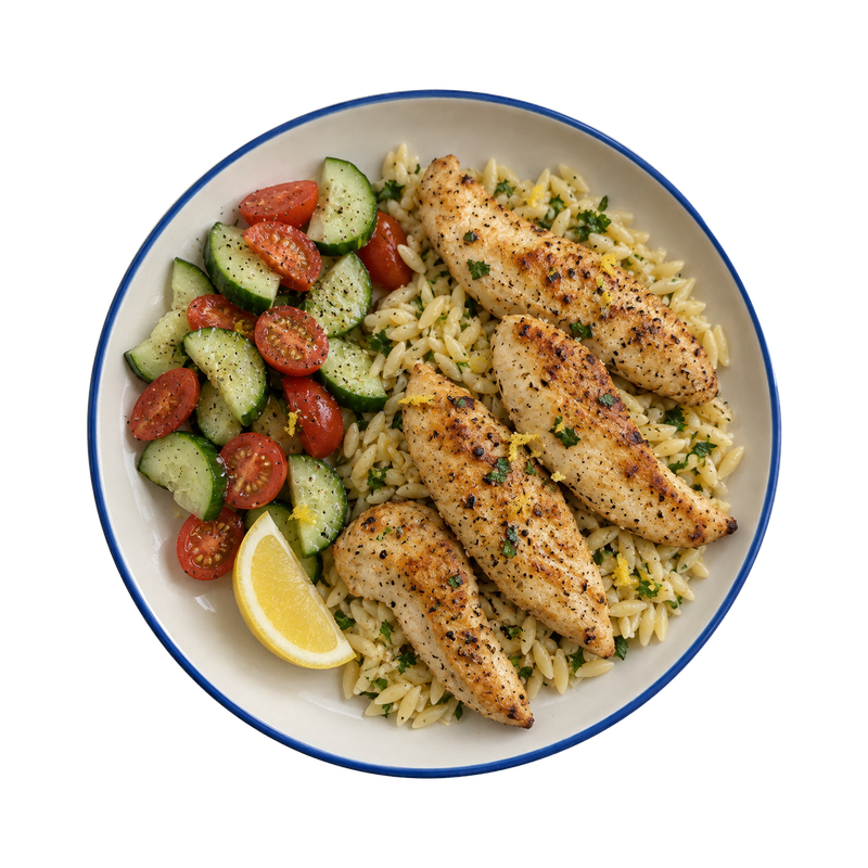 Lemon Pepper Tenders with Herbed Orzo & Cucumber Salad
