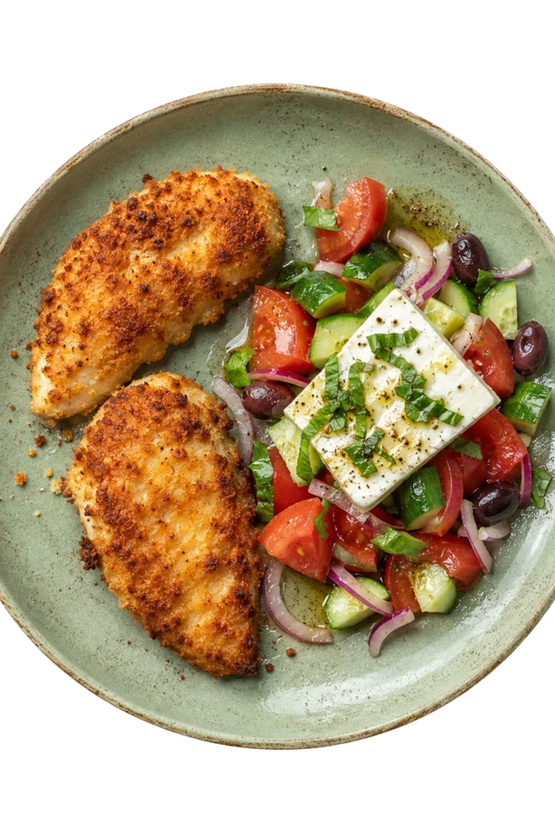 Baked Crispy Chicken with Greek Salad