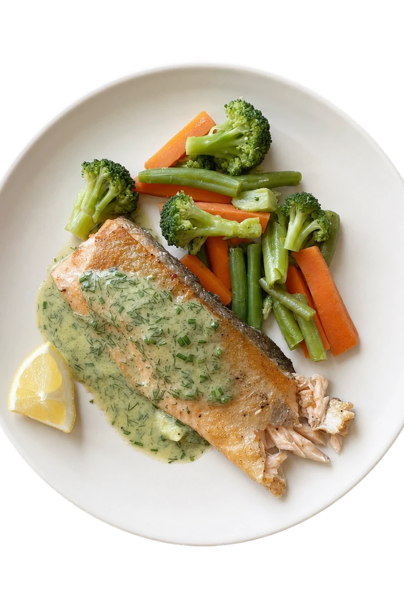 Trout, steamed veggies & herb sauce