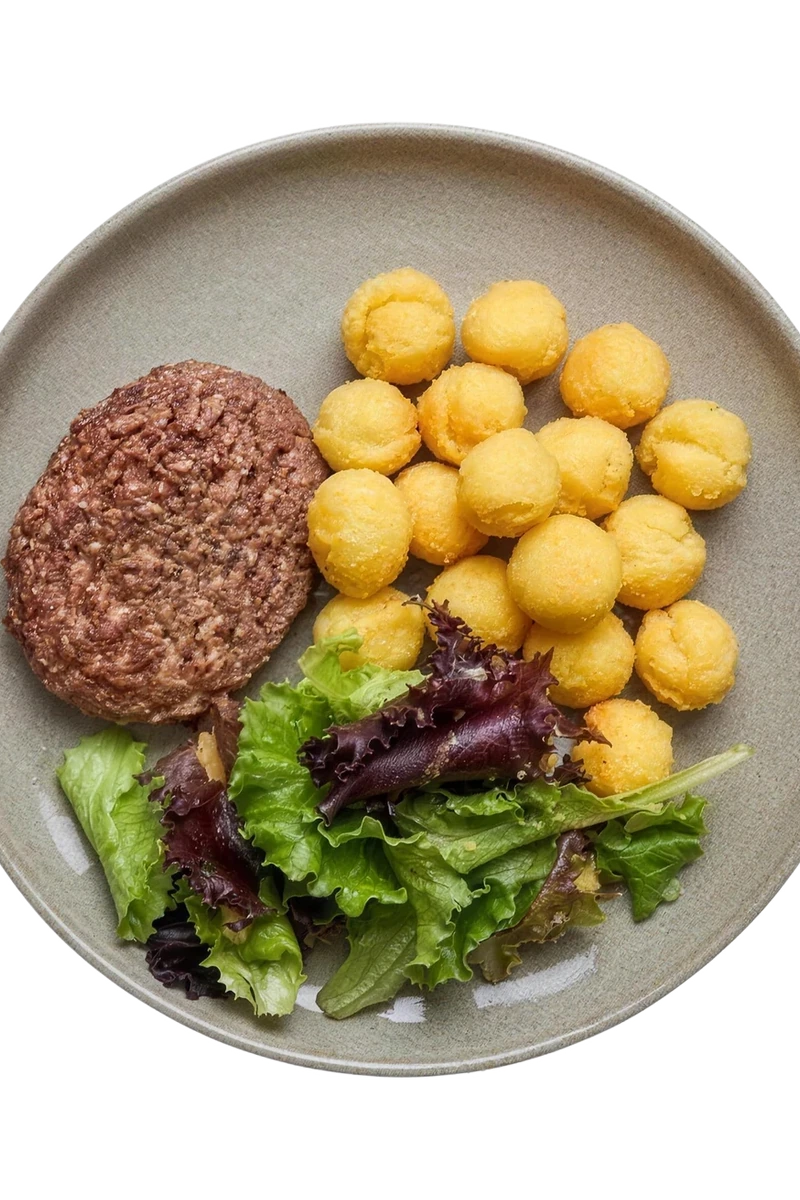 Beef Patty with Pommes Noisettes & Salade