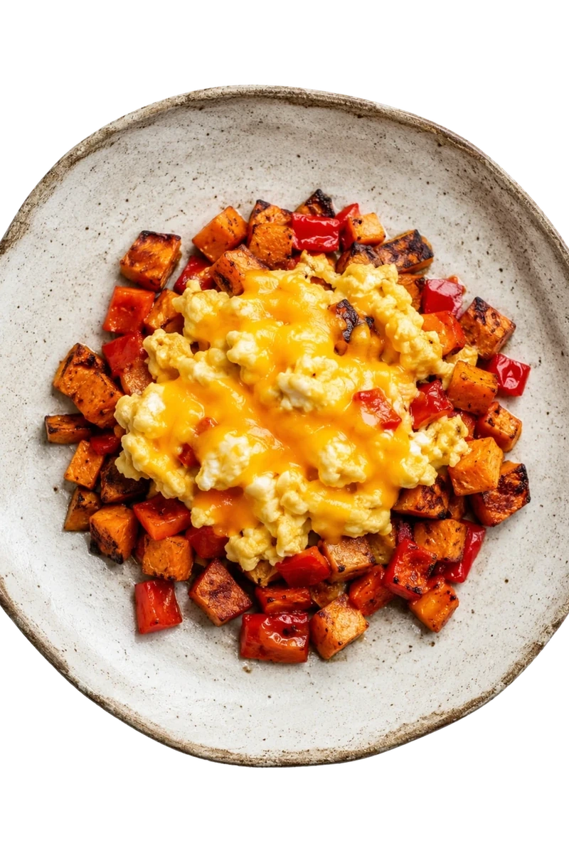 Cheesy Eggs & Sweet Potato Hash