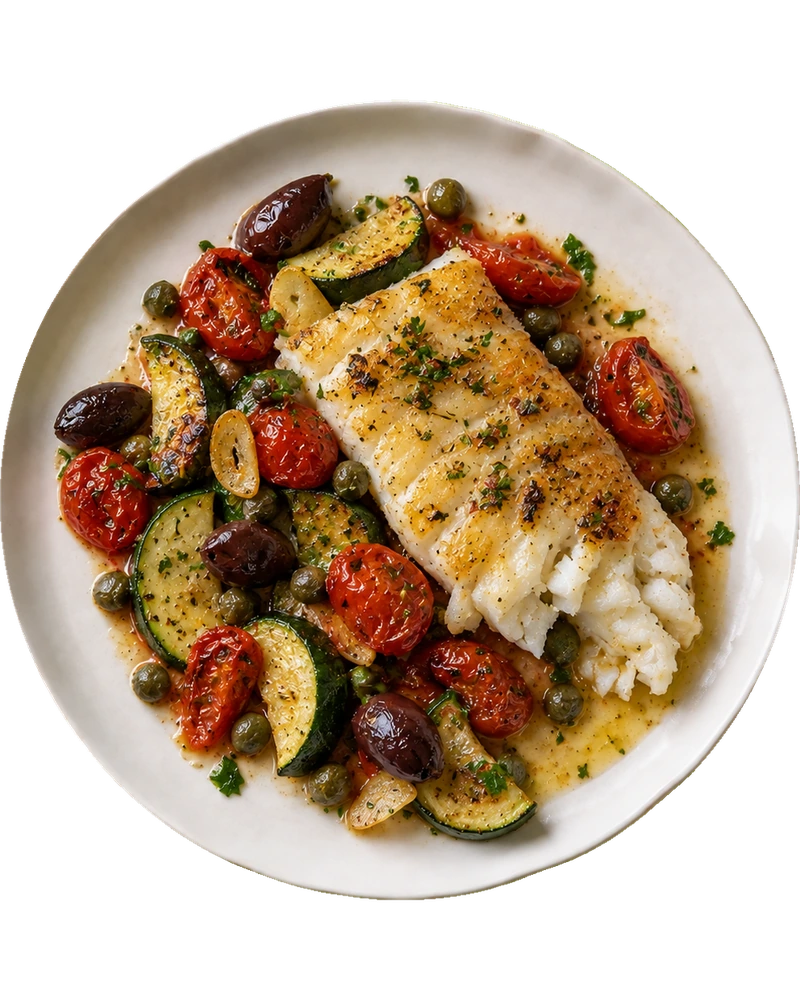 Baked Cod with Olives, Tomatoes & Courgette