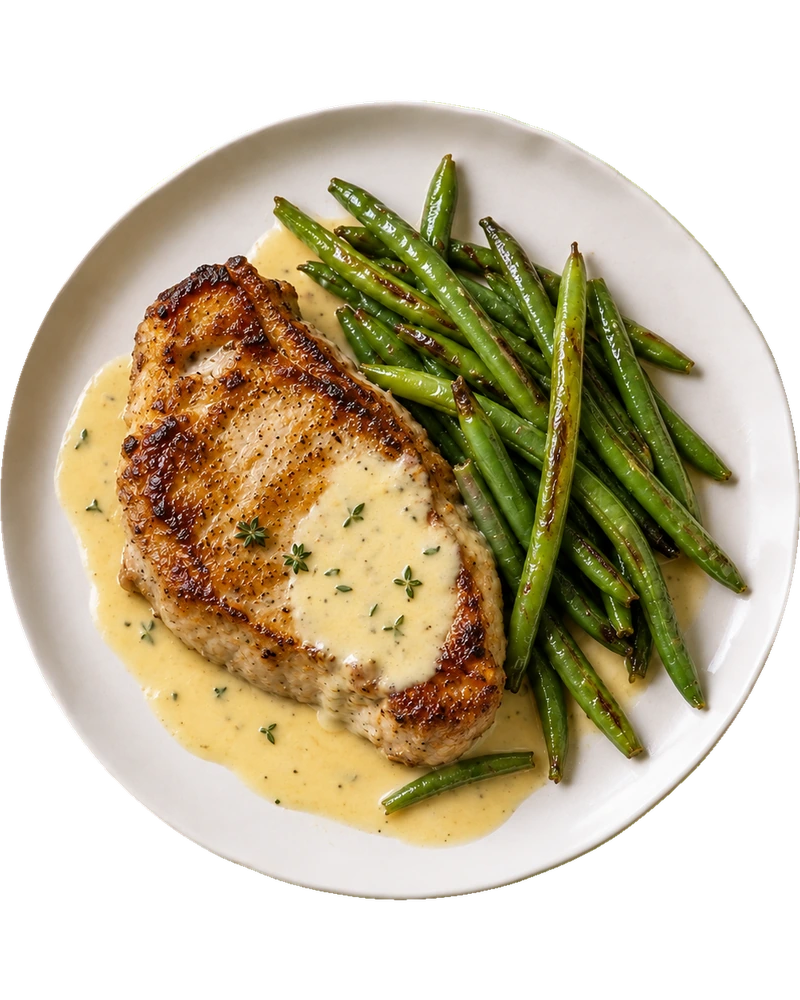 Свински котлет в горчично-сметанов сос със зелен фасул