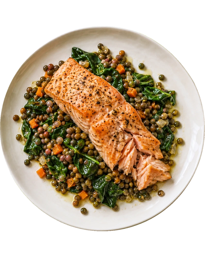 Baked Salmon with Lentils & Spinach