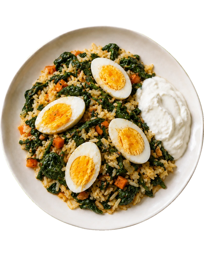 Спанак с ориз, яйца и кисело мляко с чесън