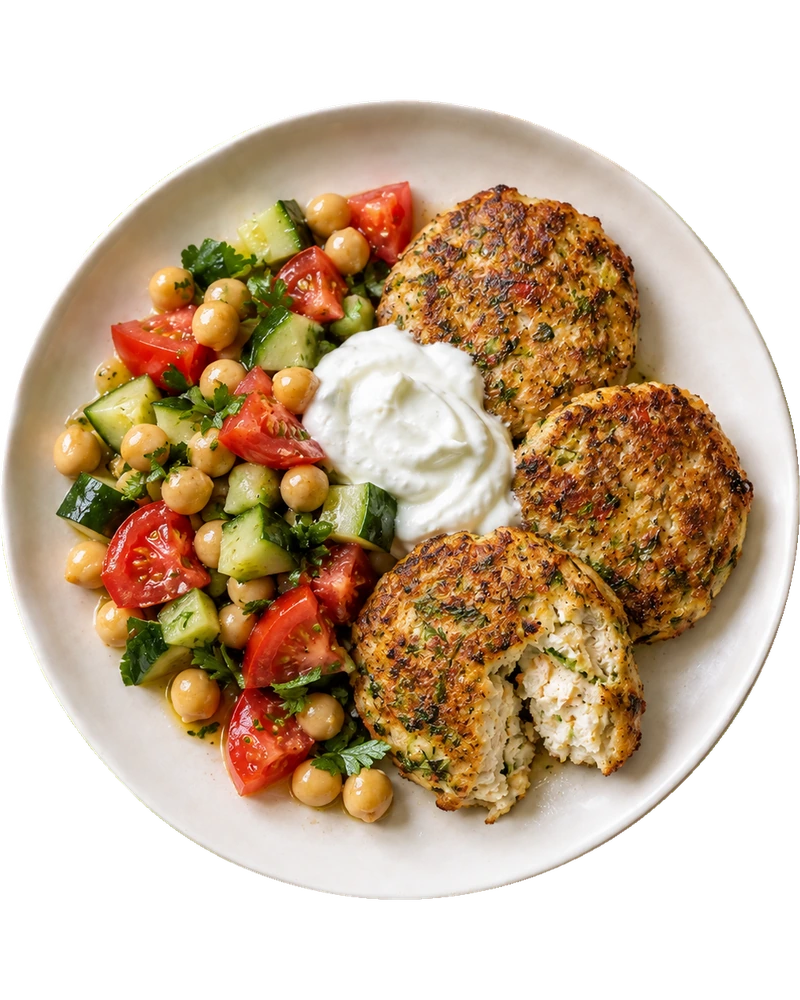 Turkey & Courgette Patties with Chickpea Tomato Salad
