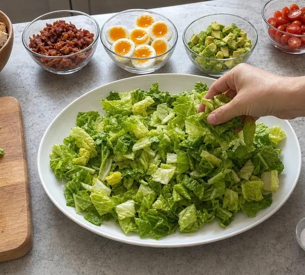 Step 7: Spread chopped romaine across