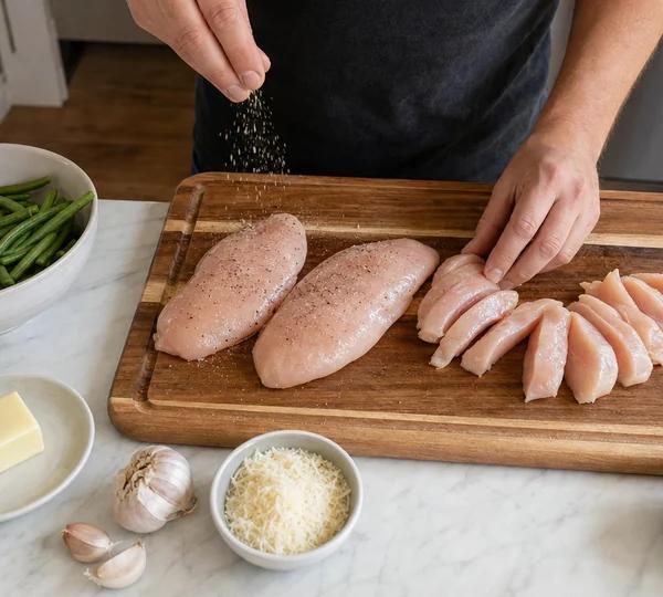 Step 1: Season the chicken and slice