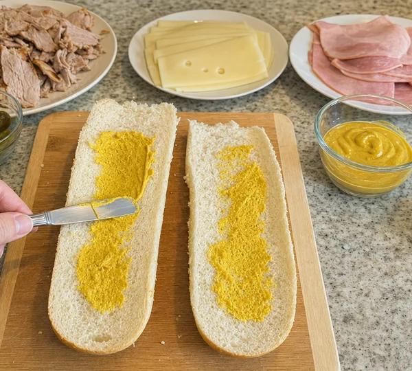 Step 2: Spread mustard on both cut