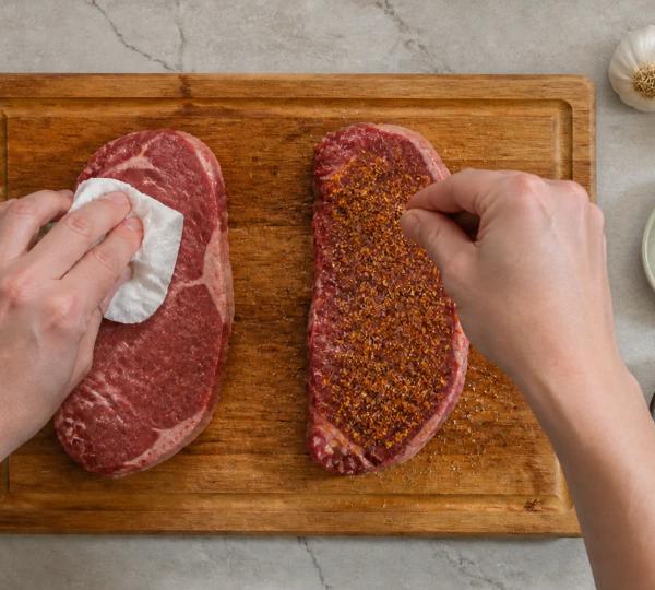 Step 2: Pat steak dry and season