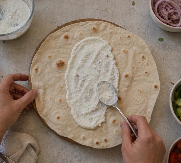 Step 8: Spread sauce on flatbread