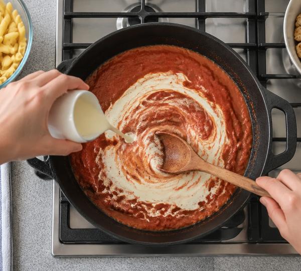 Step 7: Add the passata and cream