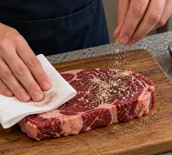 Step 5: Pat steak dry and season