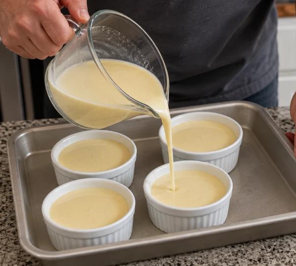 Step 5: Divide custard between ramekins