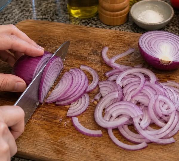 Стъпка 4: Нарежете червения лук на тънки