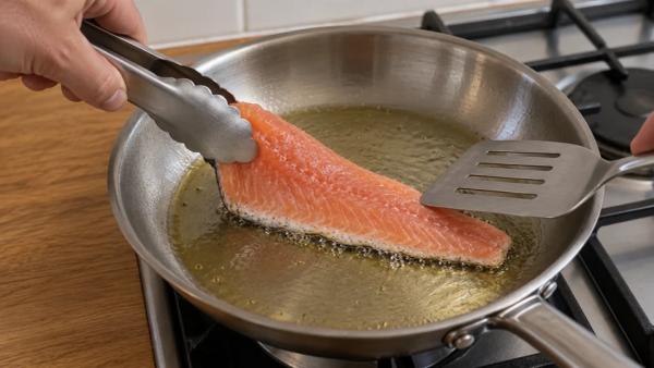 Step 6: Heat the oil and add the trout