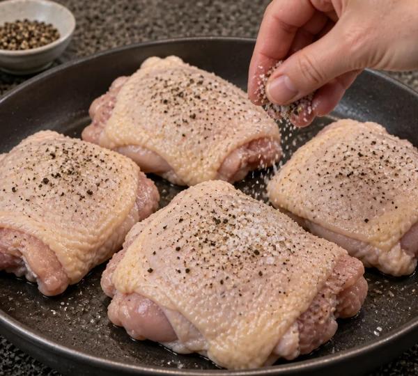 Step 1: Season chicken thighs with salt