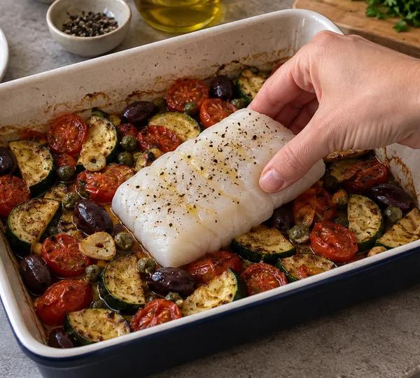 Step 4: Bake the cod on the vegetables