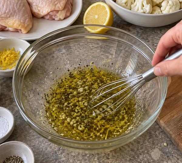 Step 1: Heat the oven and mix the lemon-oregano oil