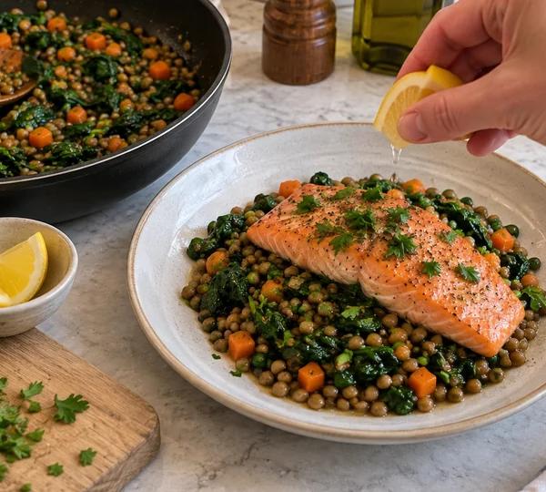 Step 6: Plate the salmon on the lentils