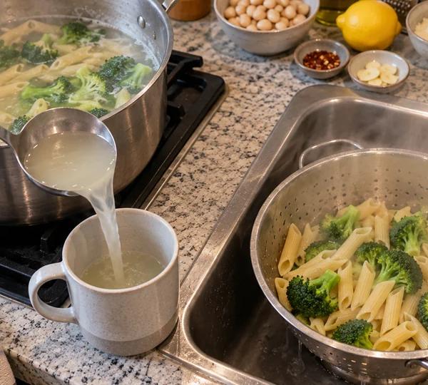 Step 3: Save pasta water and drain