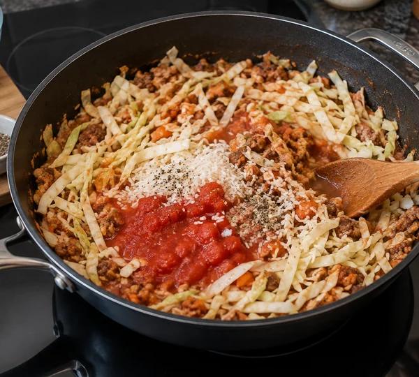 Step 4: Add the cabbage, rice and tomatoes