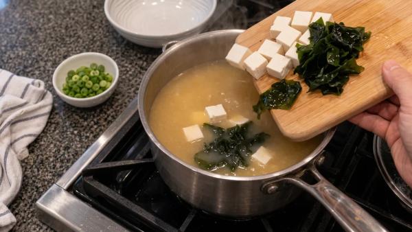 Step 5: Add the tofu and wakame