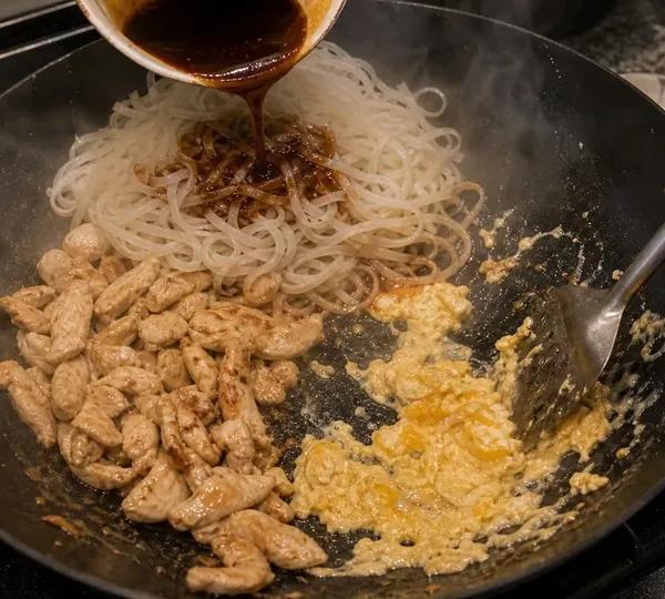 Step 16: Add drained noodles and pour
